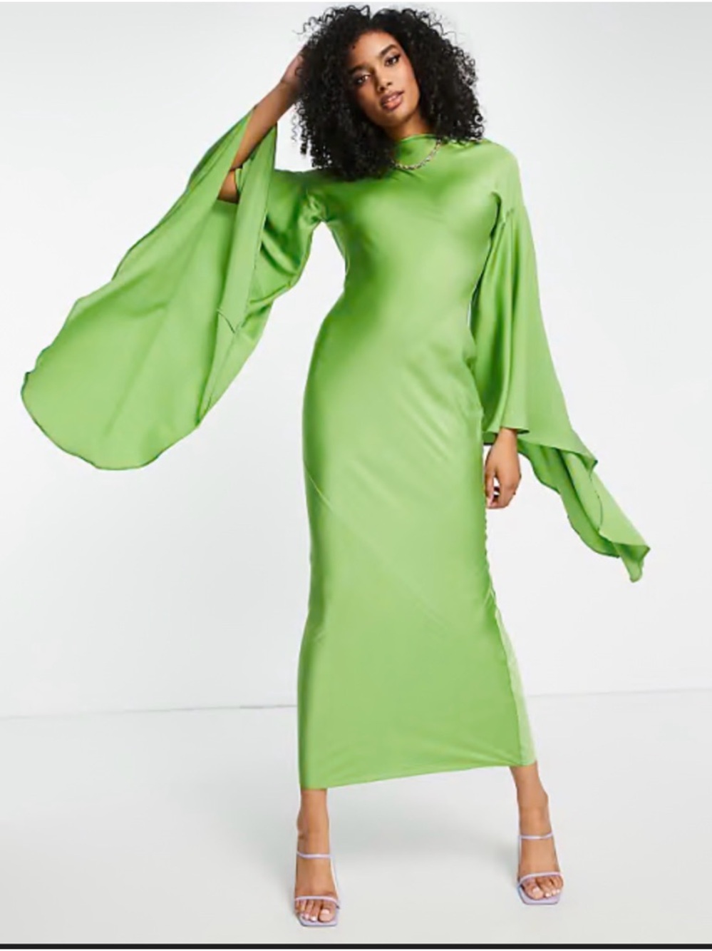 ASOS DESIGN satin maxi dress with extreme drape sleeve and open back in olive - Picture 2 of 4